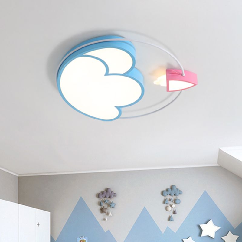 Blue Space Rocket Launching Flush Light Cartoon Acrylic Integrated LED Ceiling Mounted Light Fixture