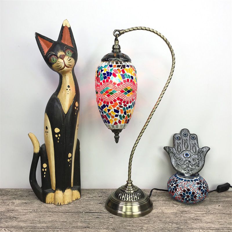 Vintage urn tafellamp oranje/watermeloen rood glas 1 kop taakverlichting met metaal gebogen arm