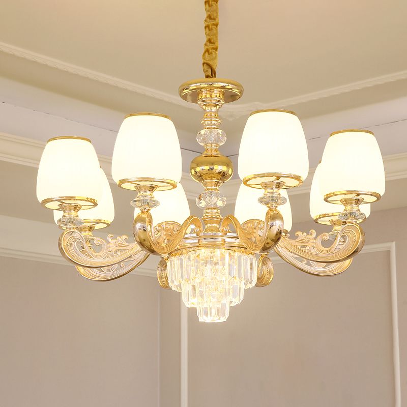 Barrel White Frosted Glass Chandelier Lighting Classic Bedroom Pendant Light with Tiered Crystal Accent