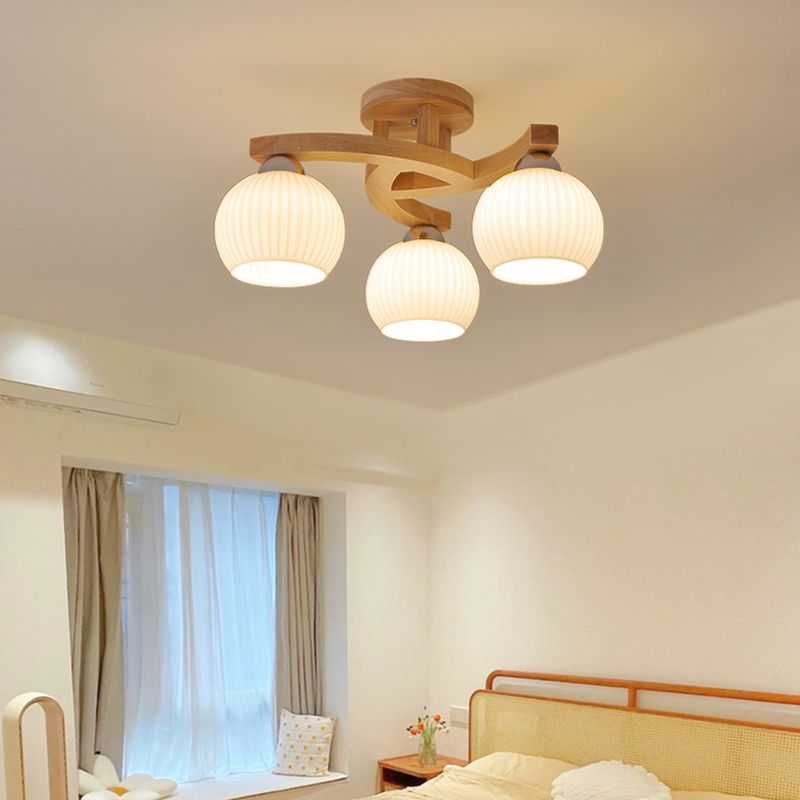 Modern Style Ceiling Mount Light Wooden Spherical with Glass Shade for Bedroom