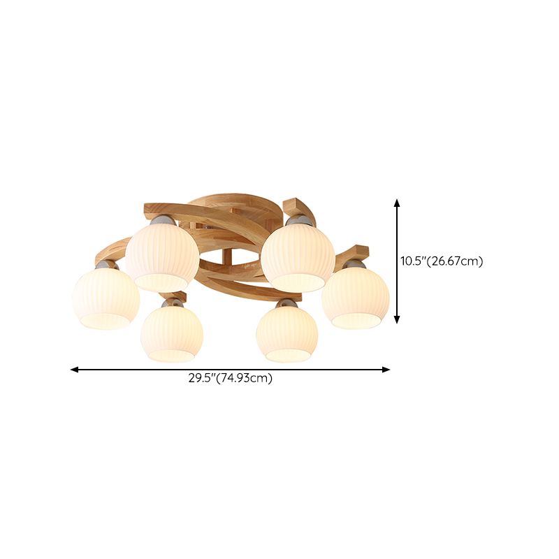 Modern Style Ceiling Mount Light Wooden Spherical with Glass Shade for Bedroom