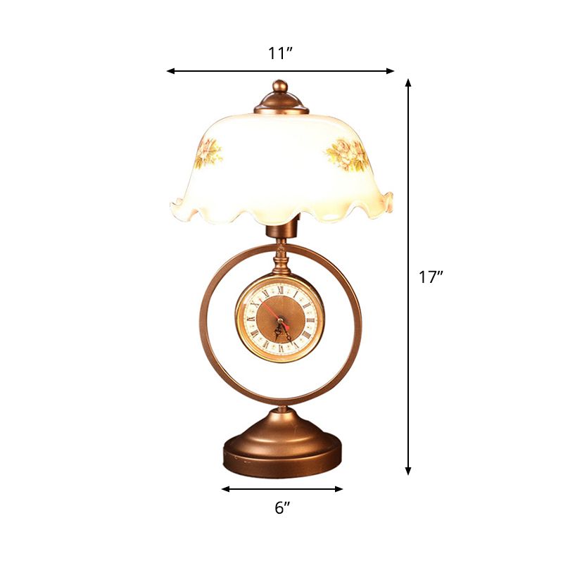 1 Kopftischlampe Landschaft Rüschenschale Milchglas Nachttisch Licht mit baumelnden römischen Uhr in rotbraun