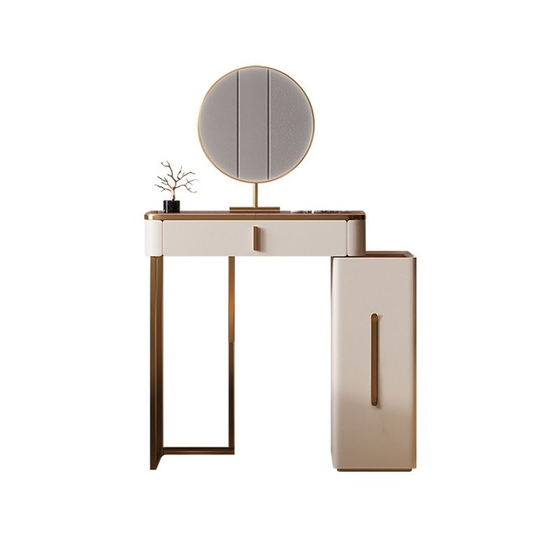 Luxurious Glass Vanity Table with Mirror & Stool 3 Drawers Beige Dressing Table