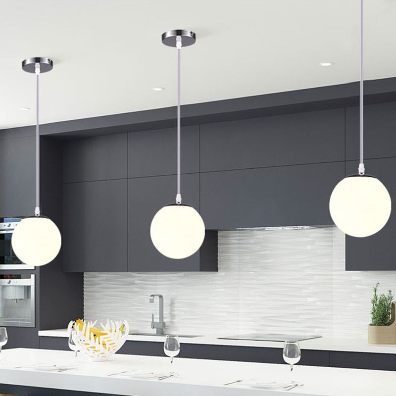 Chrome Finish Spherical Hanging Light Minimalist 1 Head White Glass Pendant for Dinner
