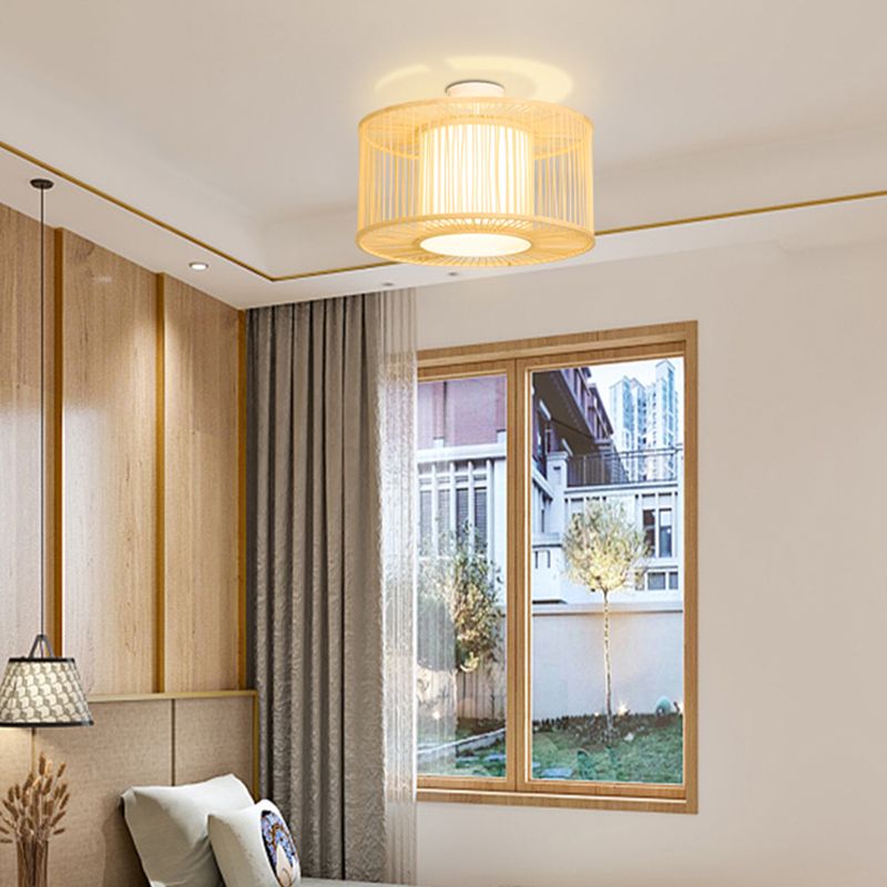Beige Cylindrical Ceiling Mounted Light Asia Style Bamboo Bedroom Ceiling Lighting