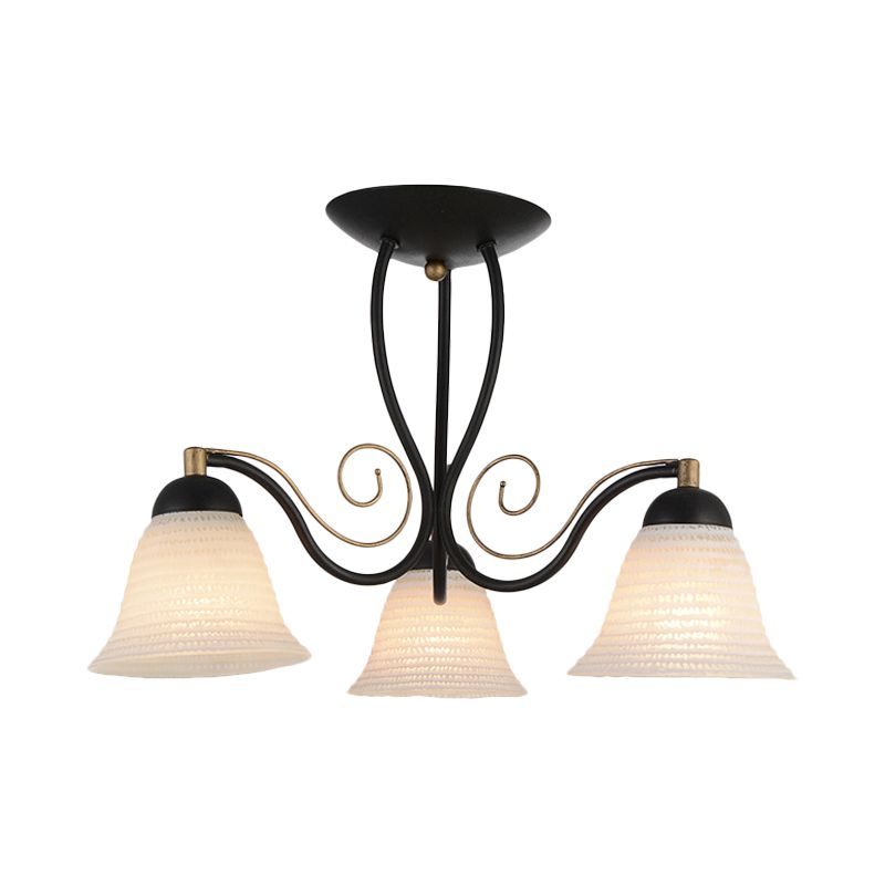 Bell Bedroom Semi Flush Mount Rustic Opal Glass 3 Heads Black Ceiling Light Fixture