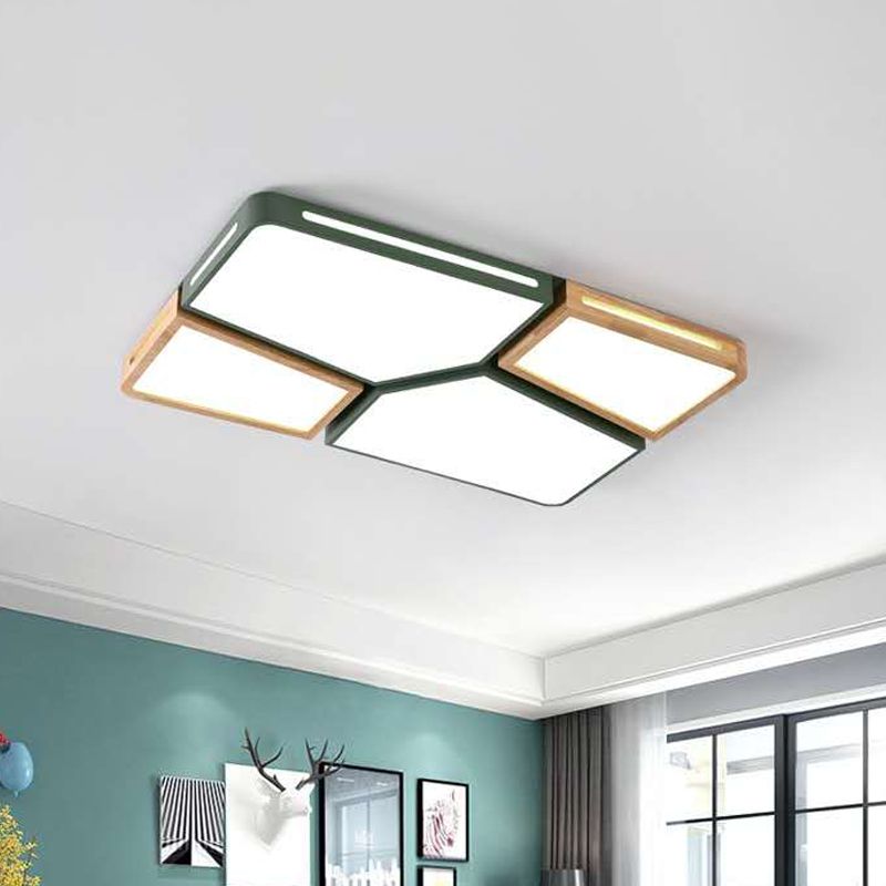 Modern Spliced Rectangle Flush Mount Wooden 35.5"/45" Wide LED Bedroom Ceiling Flush Light in Grey/White/Green