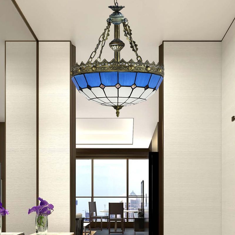 Ciotola mediterranea Luce a discesa con catena metallica a soffitto in vetro colorato in metallo in bianco/trasparente