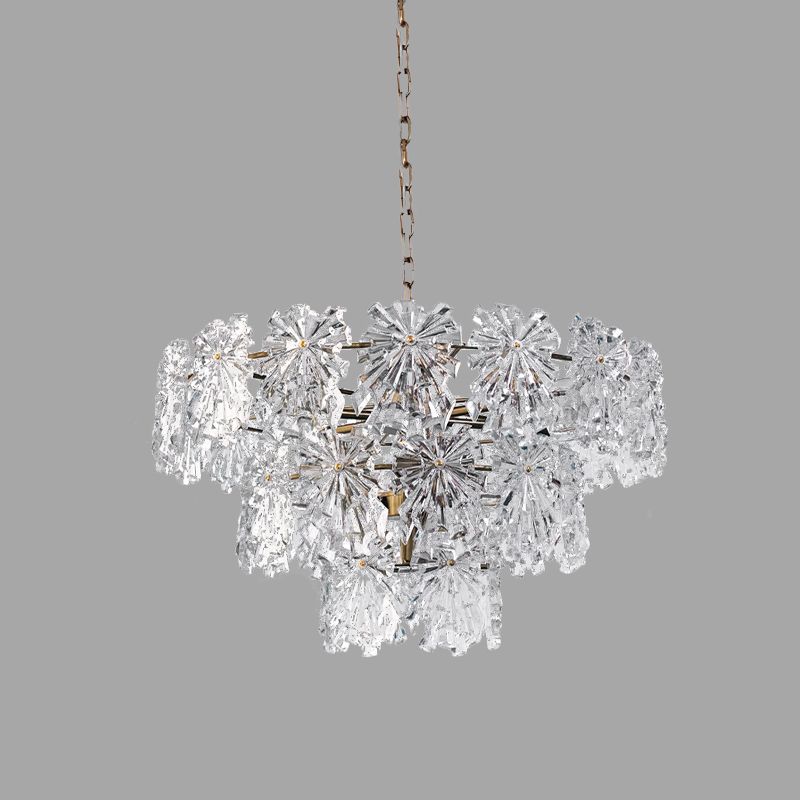 3 Tiers Snowflake Crystal Drop Lamp Modern 4/7 Bulbs 12"/17" Wide Dining Room Ceiling Chandelier in Gold