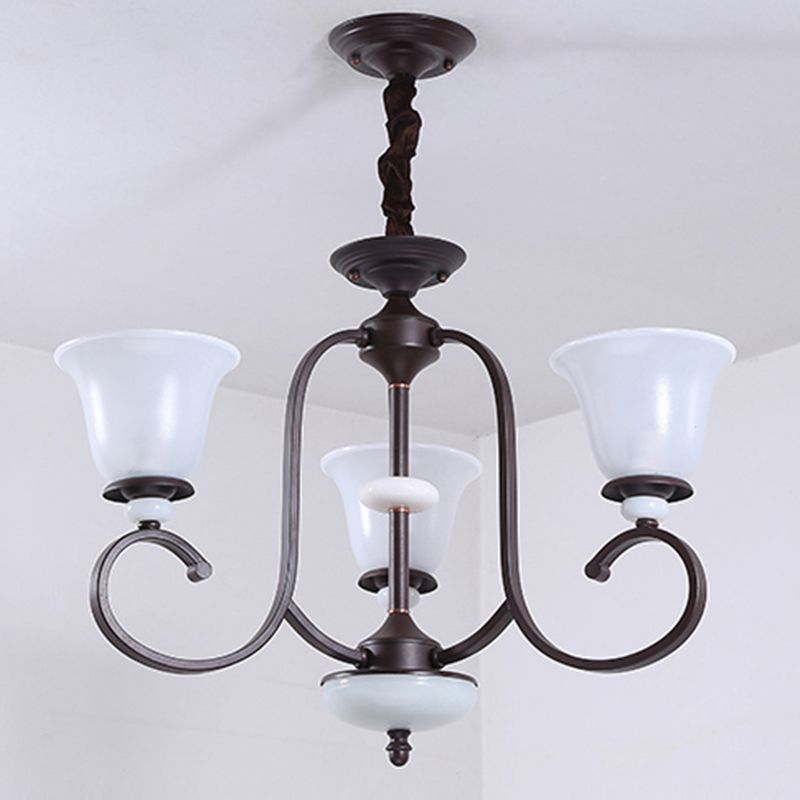 3/6/8 Lights Pendant Light Traditional Bell Frosted Glass Hanging Chandelier in Dark Coffee