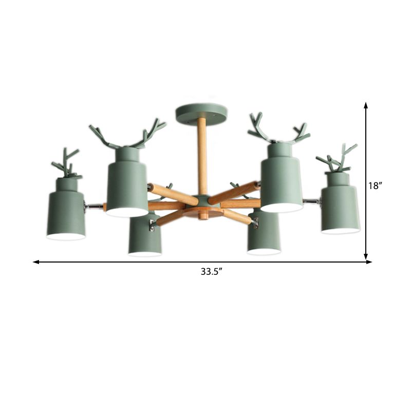 Green Antlers Chandelier Nordic Style Metal 6 Lights Pendant Lighting with Radial Design