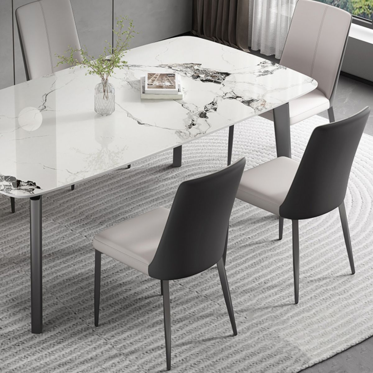 White Modern Rectangular Stone Dining Table with Stainless Steel Base