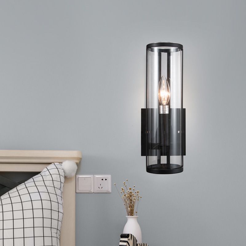 1 Glühbirne Schwarze Wandleuchter moderner Stil klarer zylindrischer Glaswandlampe