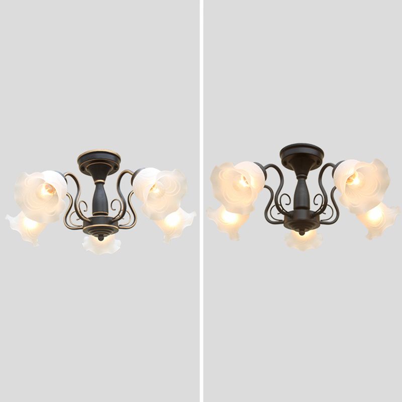 Country Style Floral Semi Flush Mount Frosted White Glass Ceiling Lamp for Dining Room