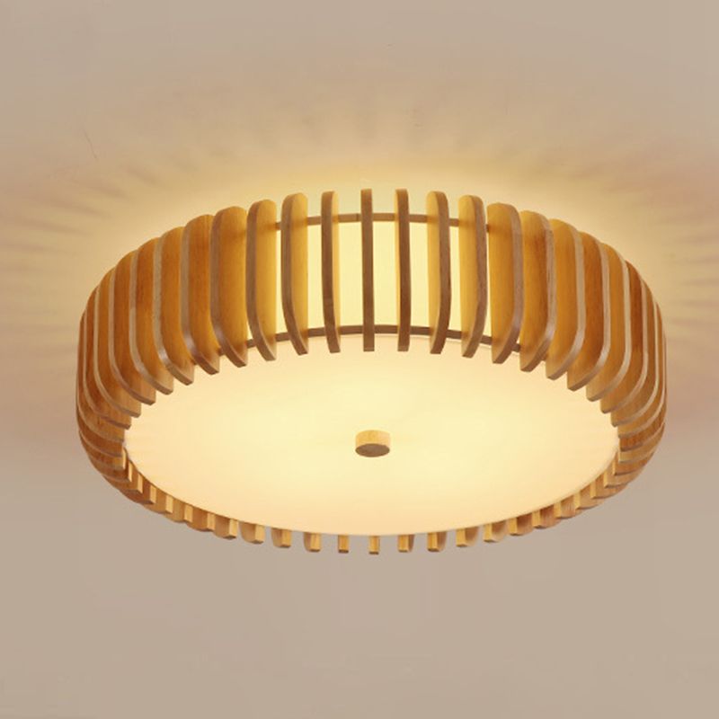 Wooden Flush Mount Ceiling Light Asian Style Living Room Round Shape Ceiling Mount Light