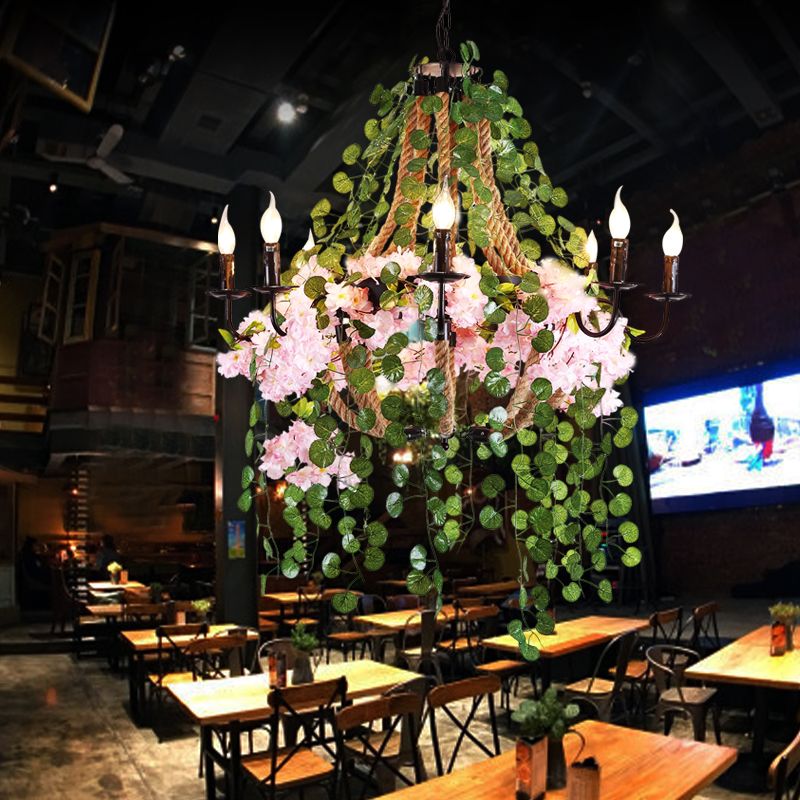 Candlestick Restaurant Chandelier Light Vintage Metal 8 Heads Pink Flower Pendant Lighting Fixture