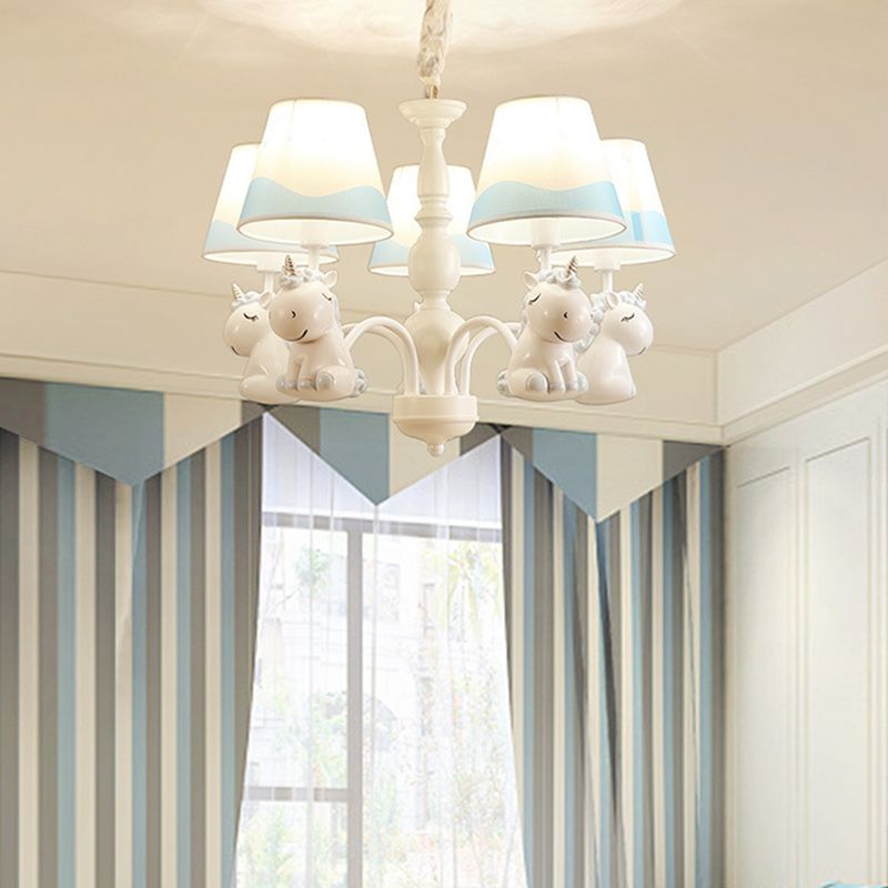 Unicorn Chandelier Lamp Cartoon Resin 5 Bulbs Nursery Hanging Light with Empire Fabric Shade