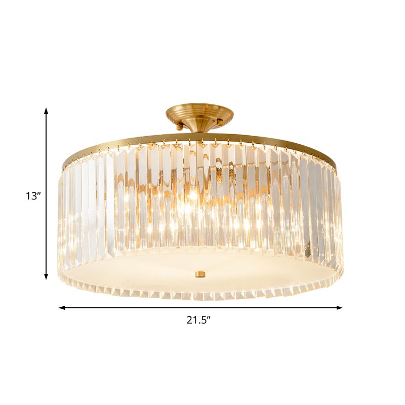4/5/6 Bulbs Drum Semi Flush Ceiling Light Modern Clear Crystal Ceiling Lamp in Gold for Living Room