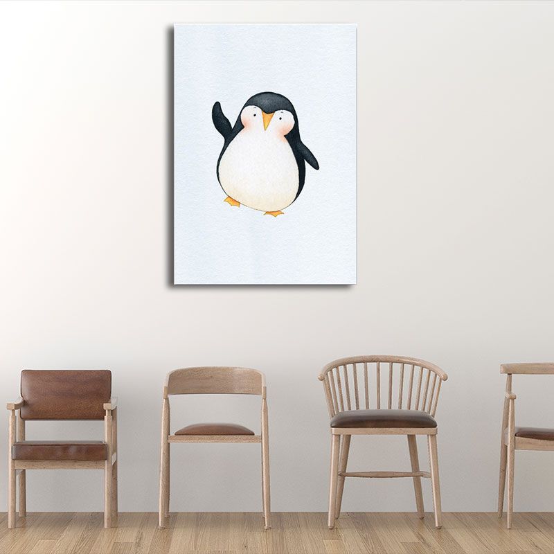 Textured White Wall Art Decor Modernist Cute Penguin Wrapped Canvas for Children Bedroom