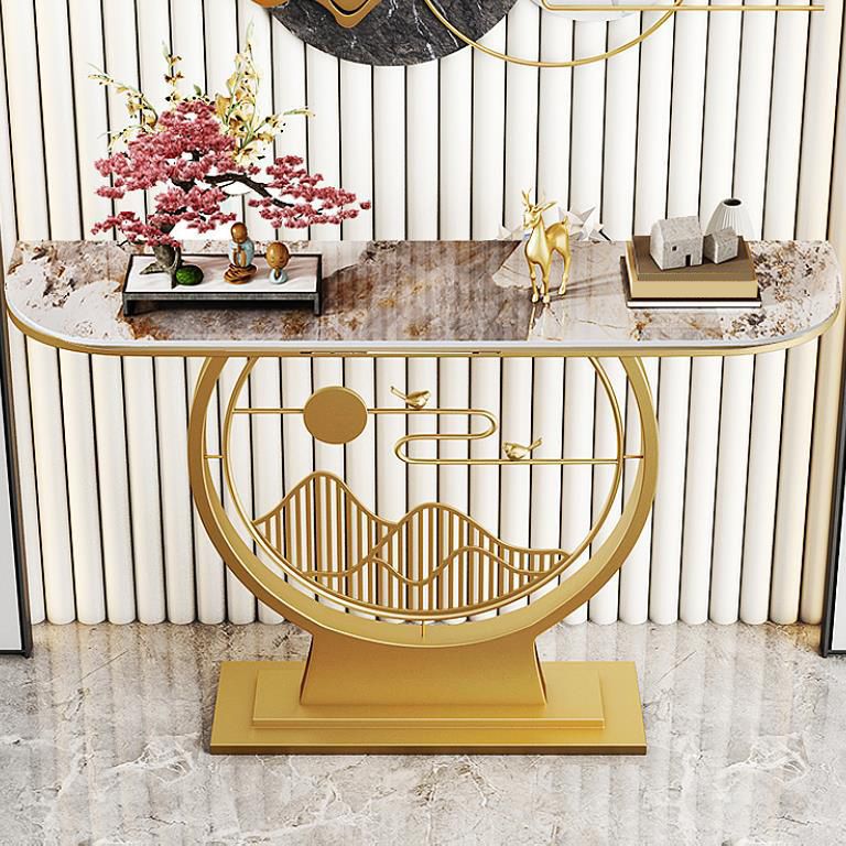 Glam Stone Console Sofa Table Half Moon Iron Accent Table for Hall