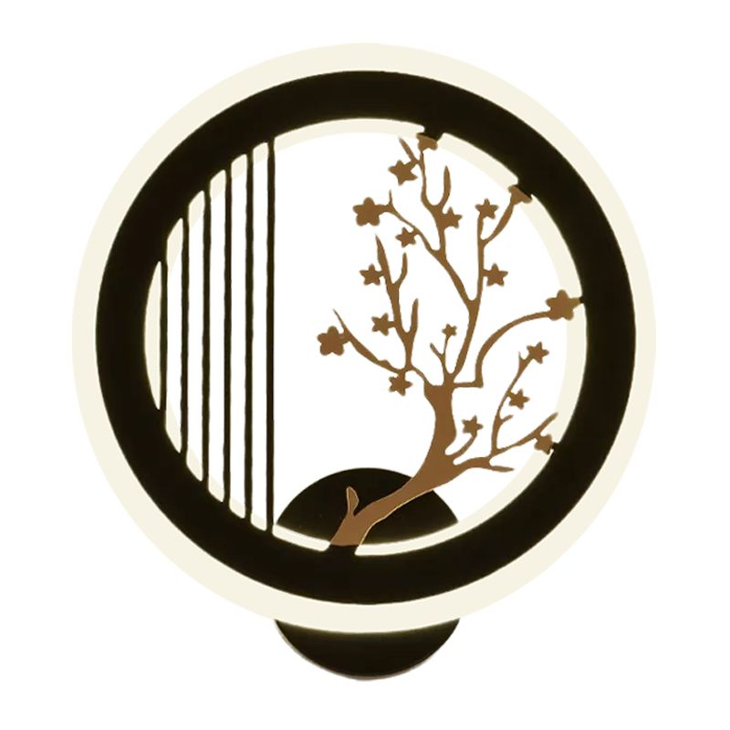 Asia LED Mural Light Fixture Black Plum Tree/Bamboo Patterned Round Wall Mounted Lamp with Acrylic Shade