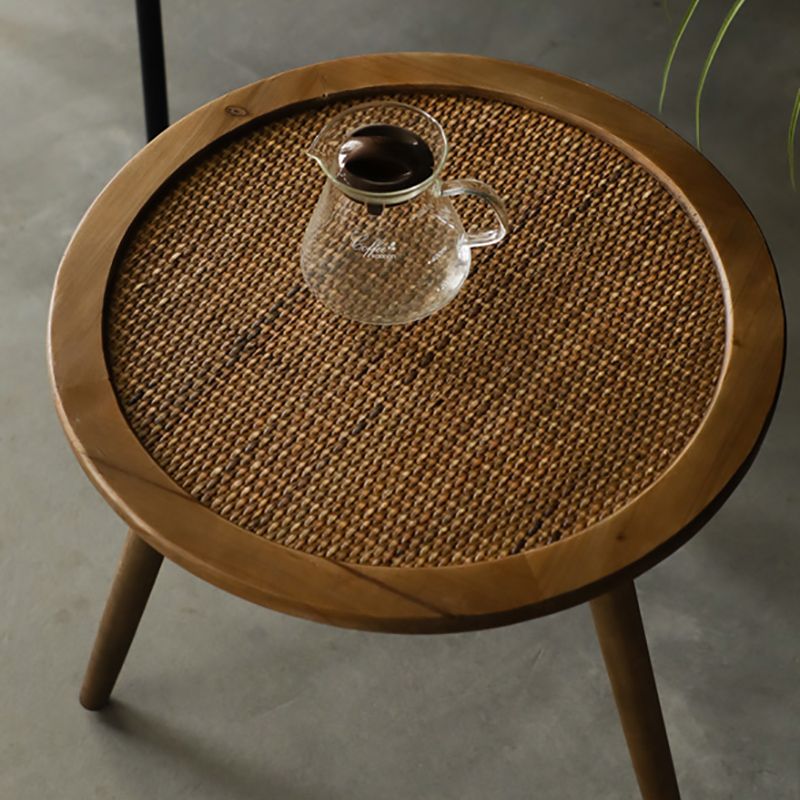 Modern Round Side Table 3 Legs End Table with Rattan Accents