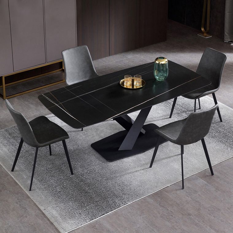 Table à manger rectangle de pierre noire noire table de cuisine industrielle avec base de piédestal