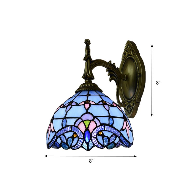 Victorian Wall Sconce with Bowl Shade Stained Glass 1 Head Wall Lighting in Blue for Living Room