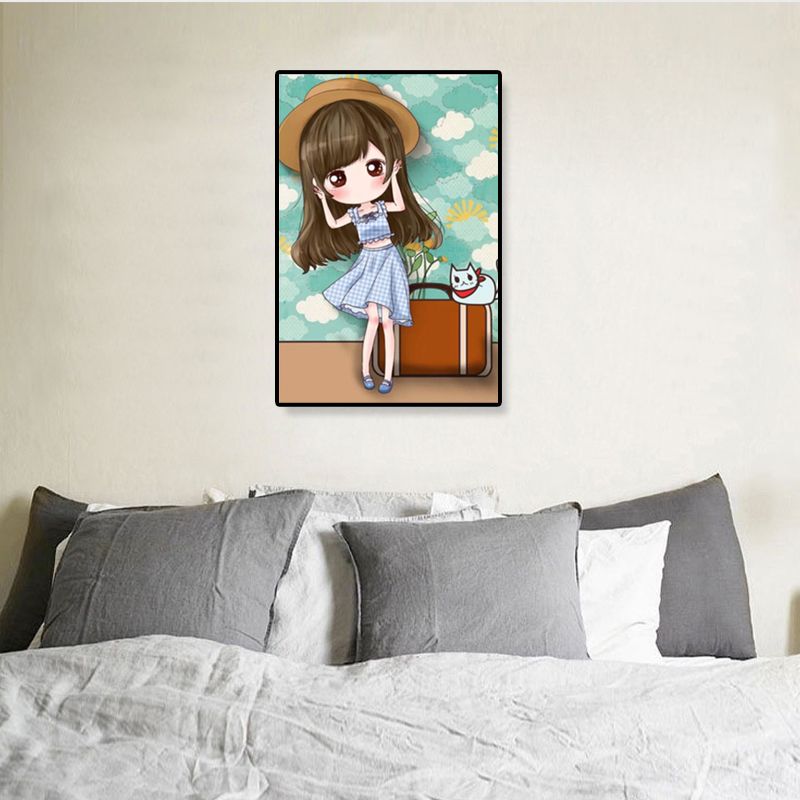 Cartoon Young Girl Art Print Soft Color Figure Drawing Canvas for Bedroom, Multiple Sizes