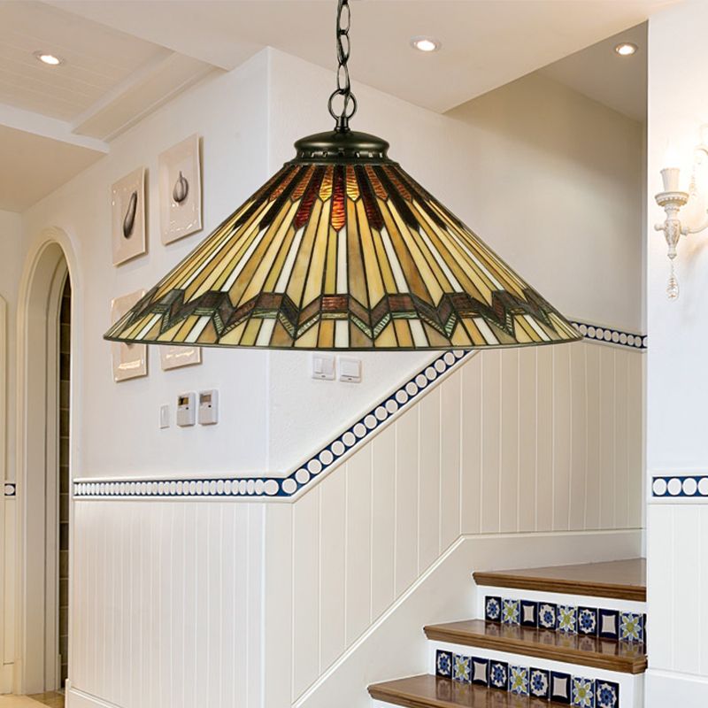 Conical Shape Hanging Lamp Kit Tiffany Hand Rolled Art Glass 1 Light Amber Suspended Lighting Fixture for Stair