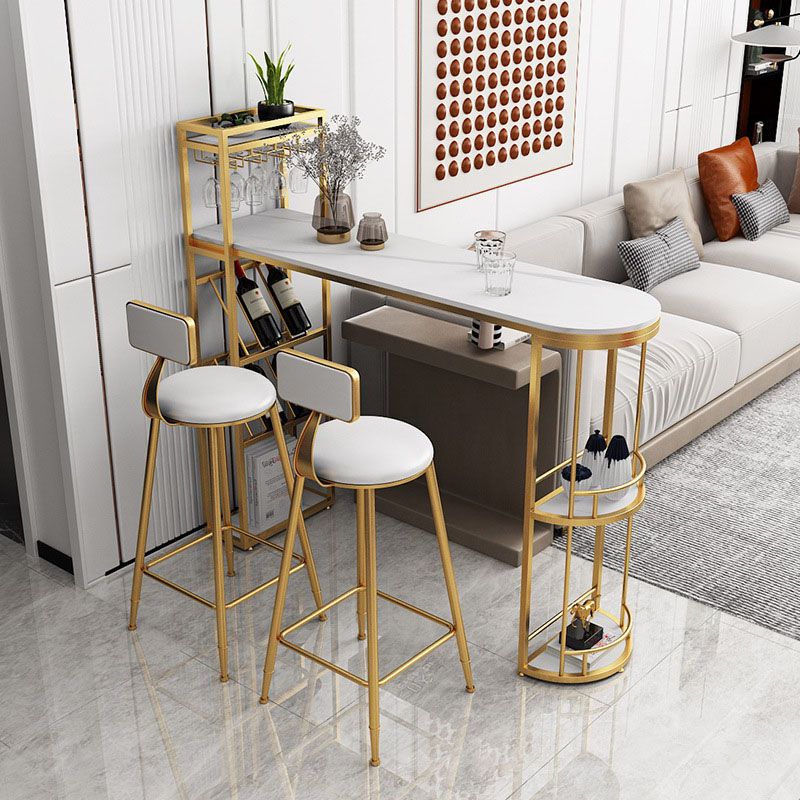 Stone Indoor Glam Bar Dining Table Iron Double Pedestal Bistro Table with Wine Rack