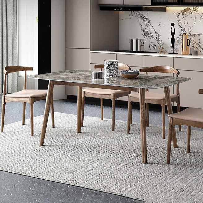 Mid-Century Modern Stone Dining Table Rectangle Dining Table with Solid Wood Legs