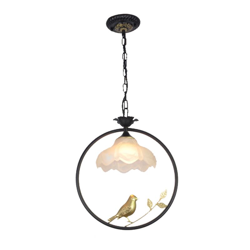 Classic Round Pendant Lighting 1 Light Metal Hanging Light Fixture in Black/White/Pink with Scalloped Shade