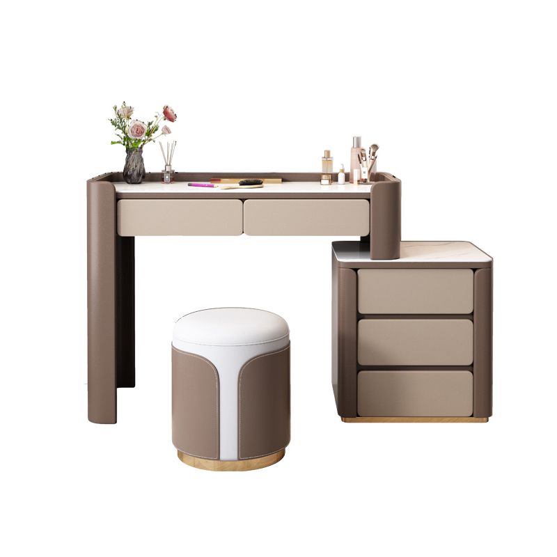 29.53" H Wood/Stone Vanity Table Stool Set 2/5 Drawers Dresser in Brown