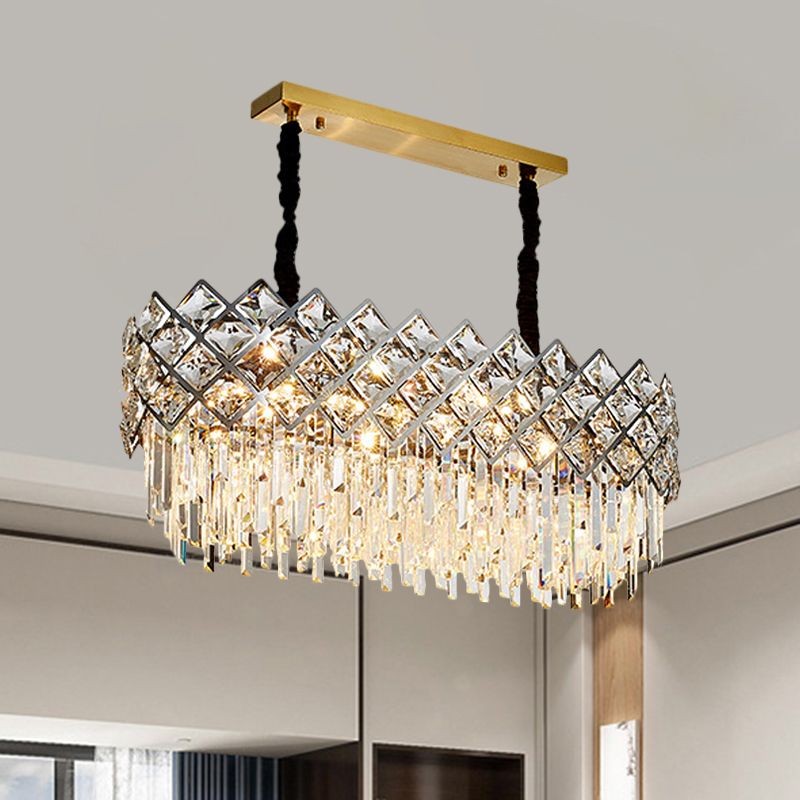 Contemporary Oval Shape Island Light Fixture 10 Bulbs Clear Crystal Prisms Ceiling Suspension Lamp
