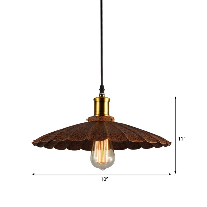 Rust Finish Scalloped Pendant Light Lodge Style Iron 1 Light Kitchen Hanging Lamp, 10"/12" Diameter