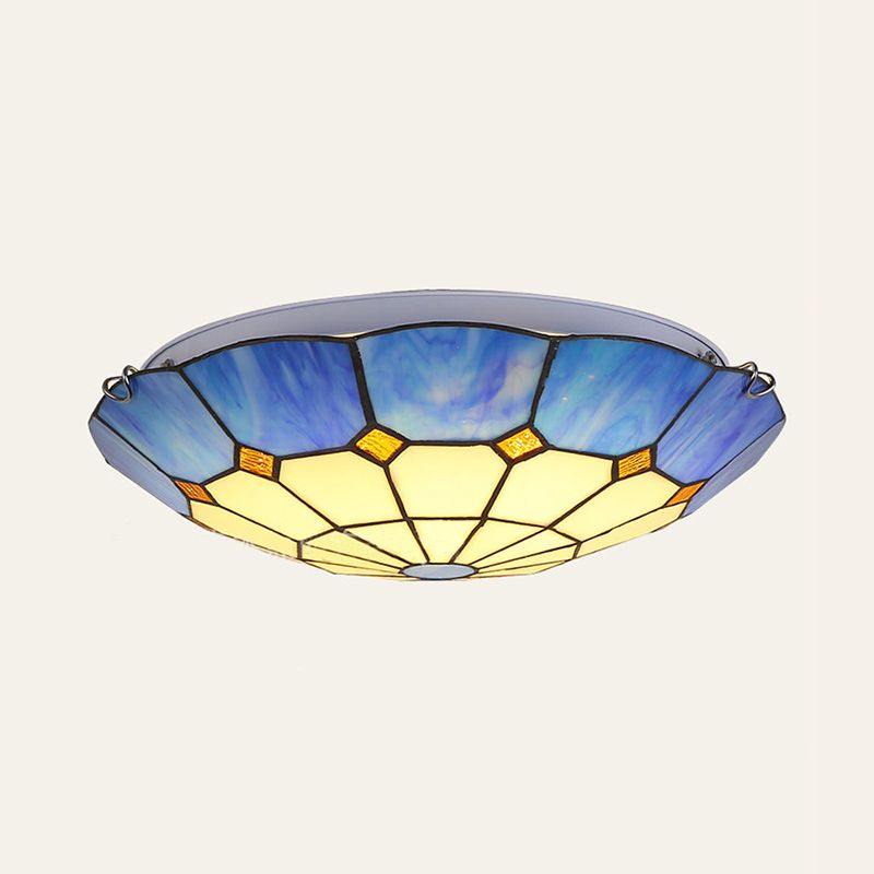 12"/16"/19.5" W Tiffany Blue/Light Blue Flush Ceiling Light with Bowl Shade Stained Glass Flushmount for Living Room