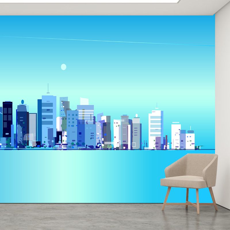 City Building Illustration Wall Murals Moisture Resistant Wall Decor for Meeting Room