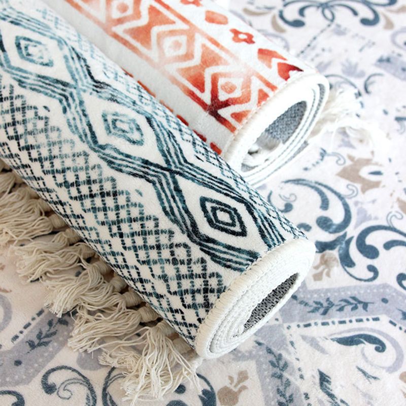 Bohemian Tribal Pattern Carpet Polyester Fringe Rug Washable Indoor Rug for Living Room