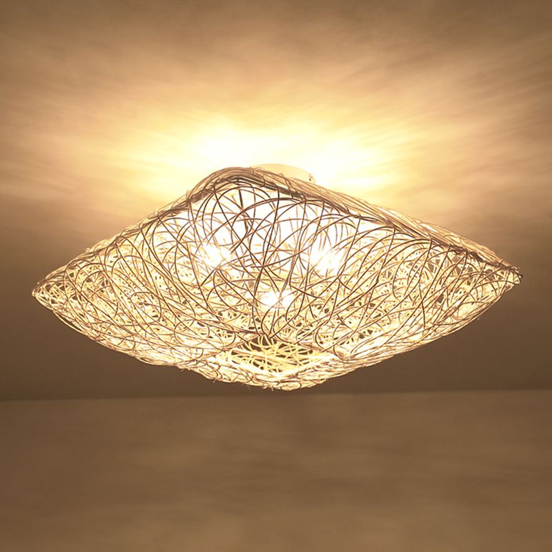 Quadratform Deckenlampe Asiatischer Bambus 3 Lichter Flush Mount für Esszimmer