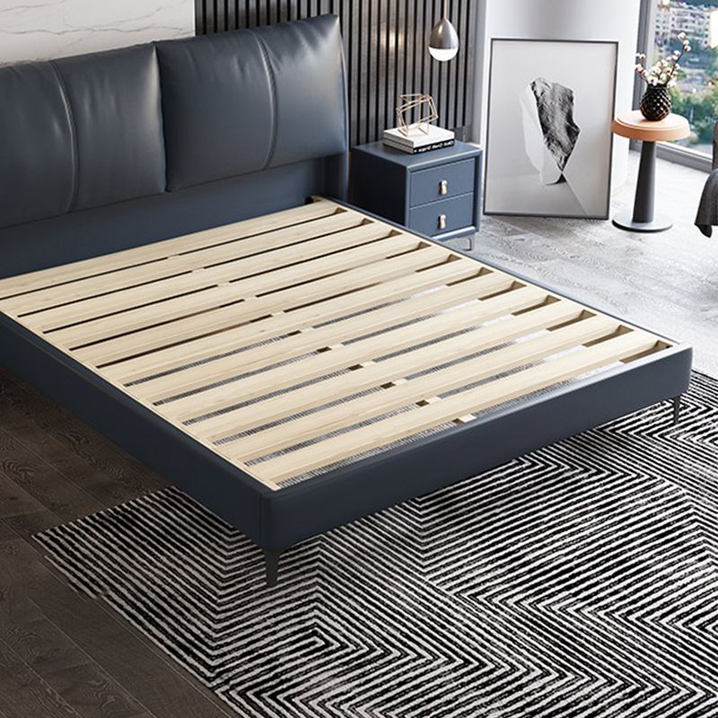 Modern Genuine Leather Panel Bed Pine Wood Rectangular Upholstered Bed