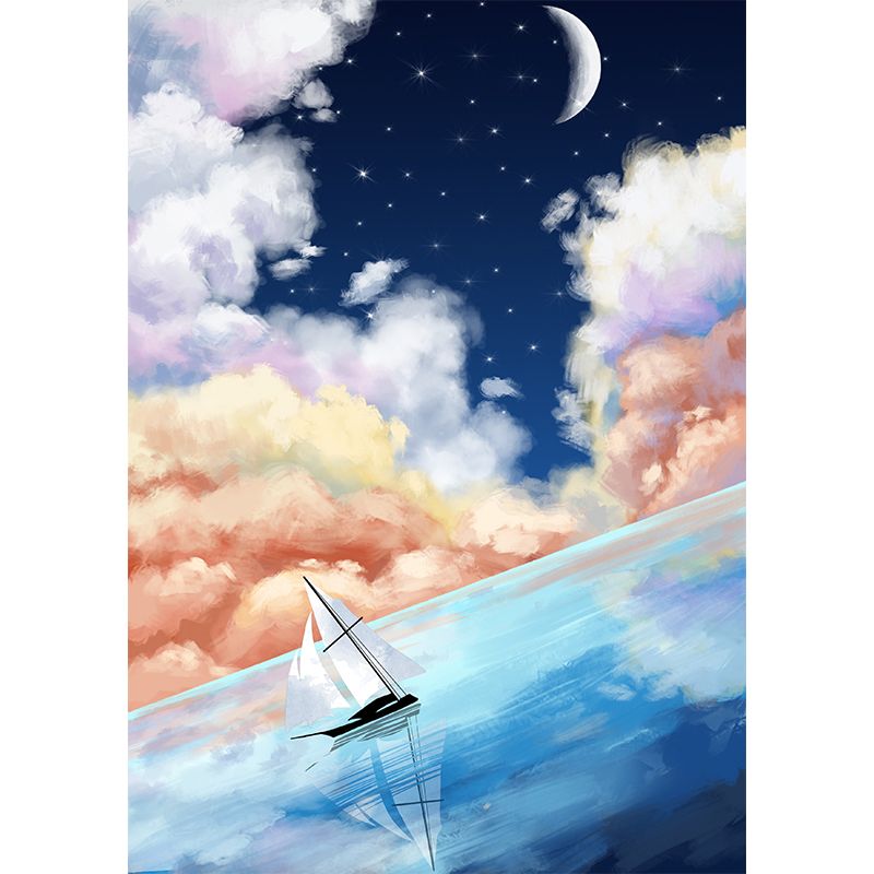 Sailboat on Starry Ocean Mural Decal Blue Childrens Art Wall Decor for Bedroom, Blue