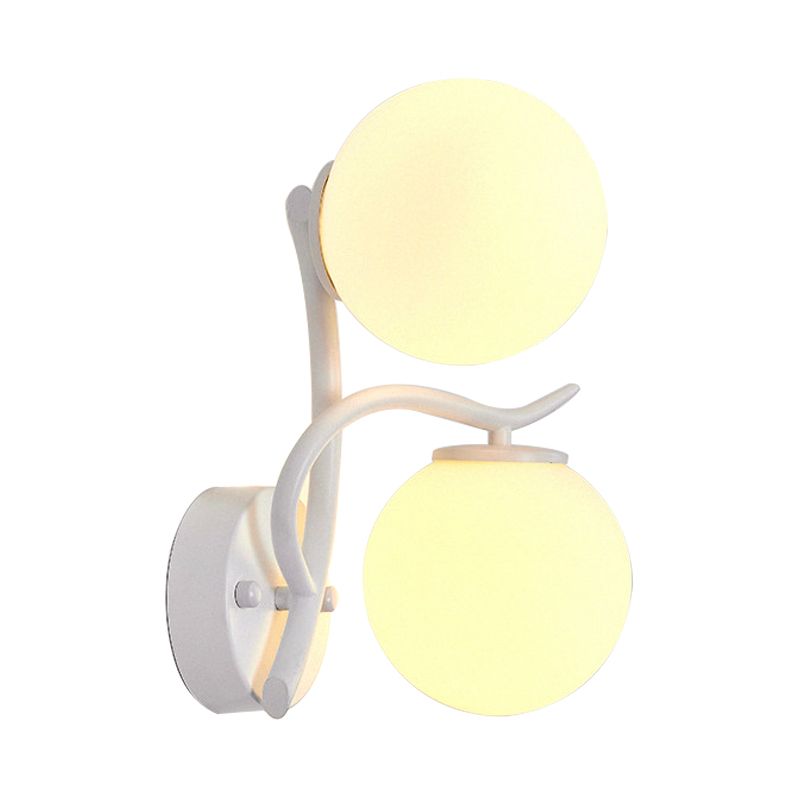 Simple Style Globe Wall Lamp 2 Heads Milk Glass Sconce Light in White for Adult Bedroom