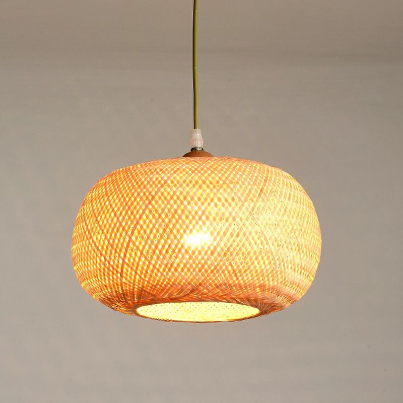 Beige Spheroid Pendant Light Fixture Asia 1-Light Bamboo Suspension Lighting for Restaurant