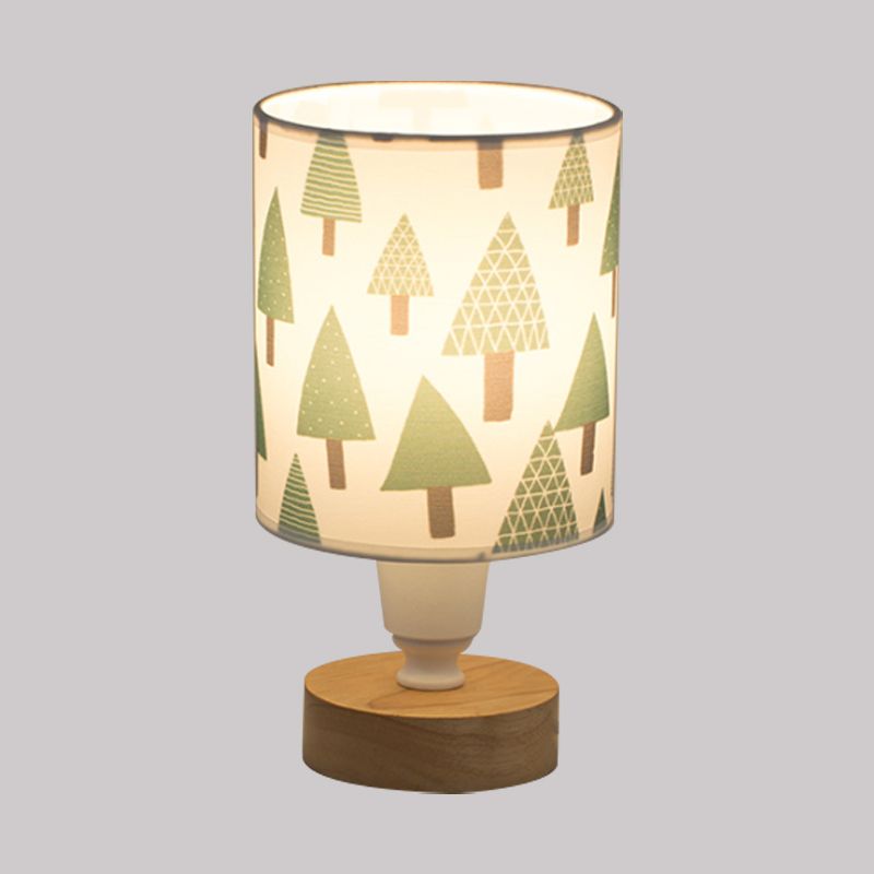Fabric Cylinder Light Light Modern 1-Bulb Lire lampe avec arbre / poisson / cactus Déco et base en bois en blanc