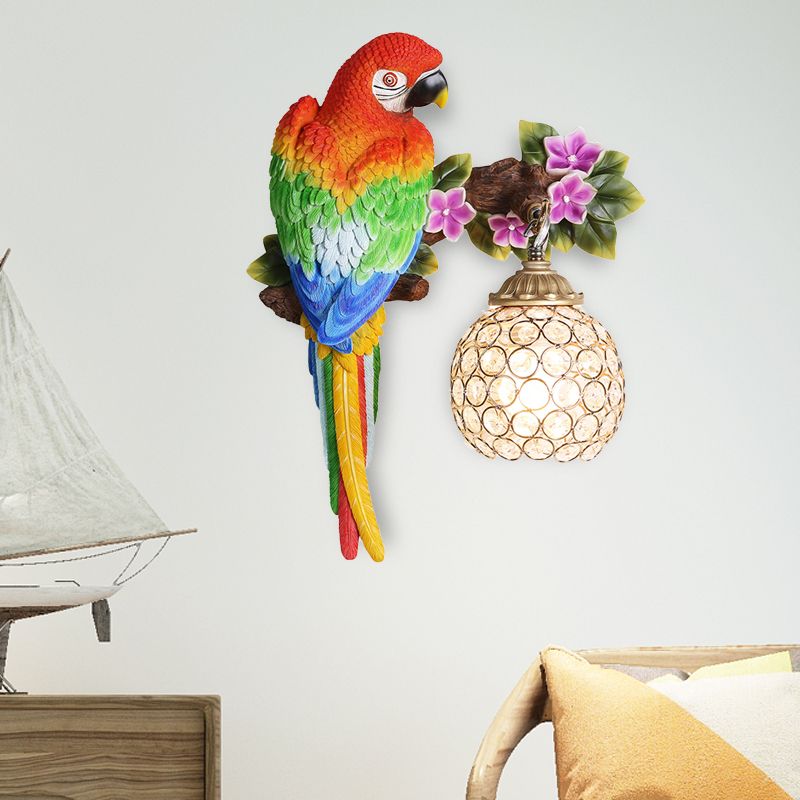 Loft Style Parrot Wall Sconce Resin 1 Head Wall Lighting with Dome Crystal Lampshade in Gold Finish, Right/Left