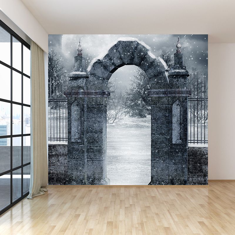 Modern Front Gate Wall Mural Non-Woven Stain Resistant Gray Wall Art for Living Room