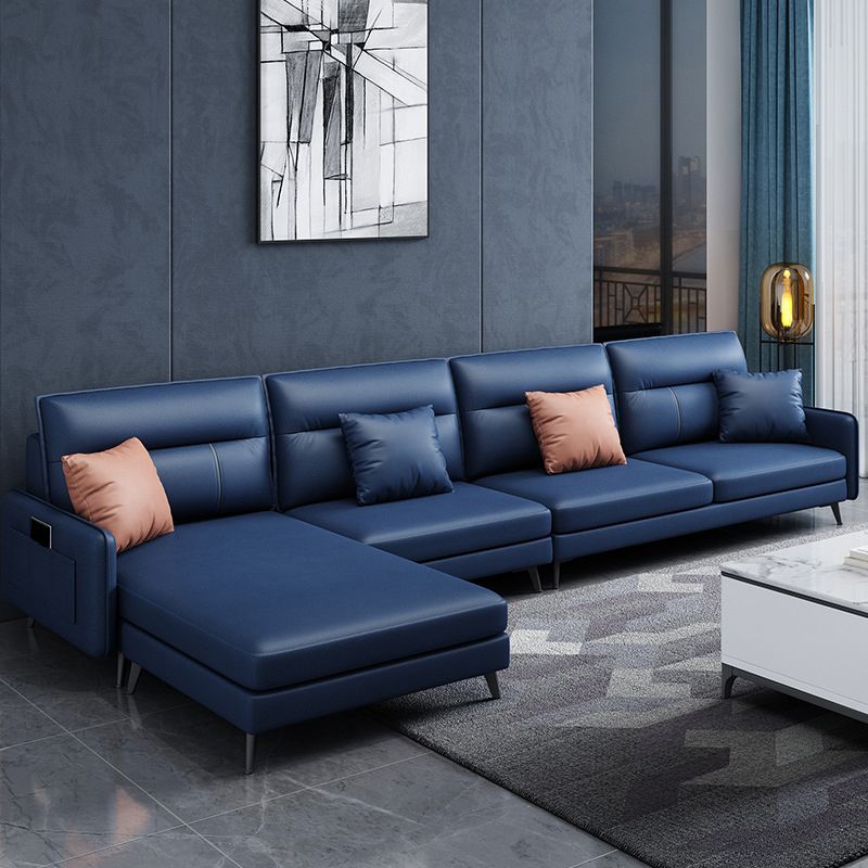4-seat Sewn Pillow Back Sofa & Chaise Faux Leather Retro Sofa