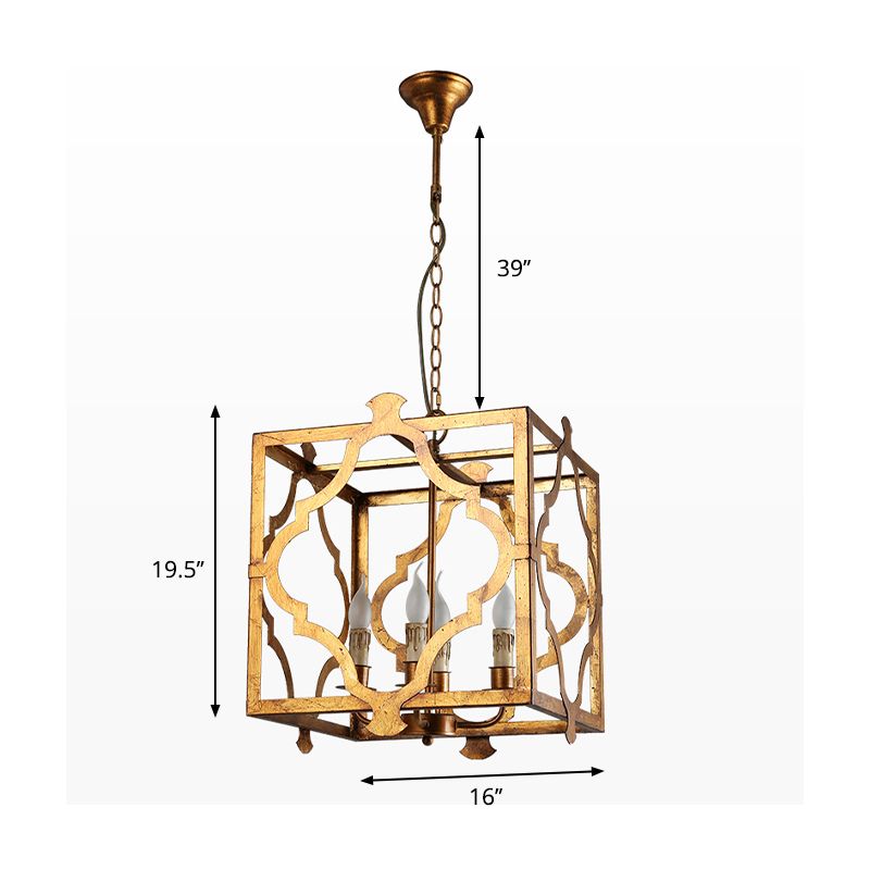 4-Light Chandelier Light Antique Restaurant Suspension Pendant with Quatrefoil Metal Cage in Gold