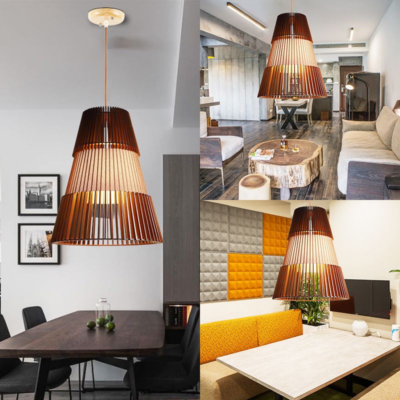 1 Light Restaurant Pendant Lighting with Conical Bamboo Shade Modernist Brown Hanging Ceiling Light